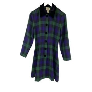 Ambria Vintage Dress Blue Green Plaid Button Velvet Collared Flare Pleat Women 8
